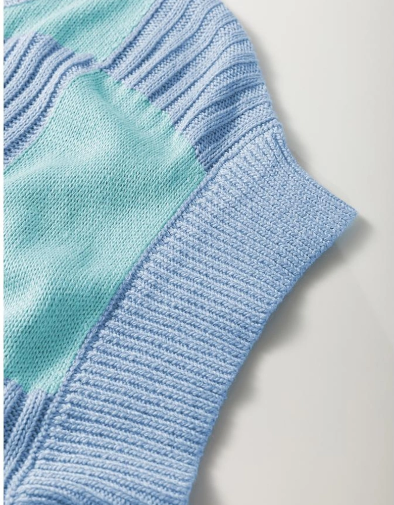 Light Blue Checkered Color Block Crew Neck Short Sleeve Sweater