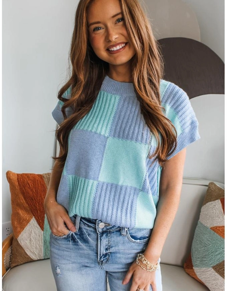 Light Blue Checkered Color Block Crew Neck Short Sleeve Sweater