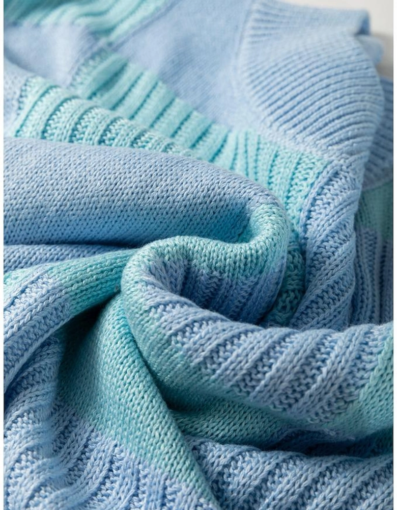 Light Blue Checkered Color Block Crew Neck Short Sleeve Sweater