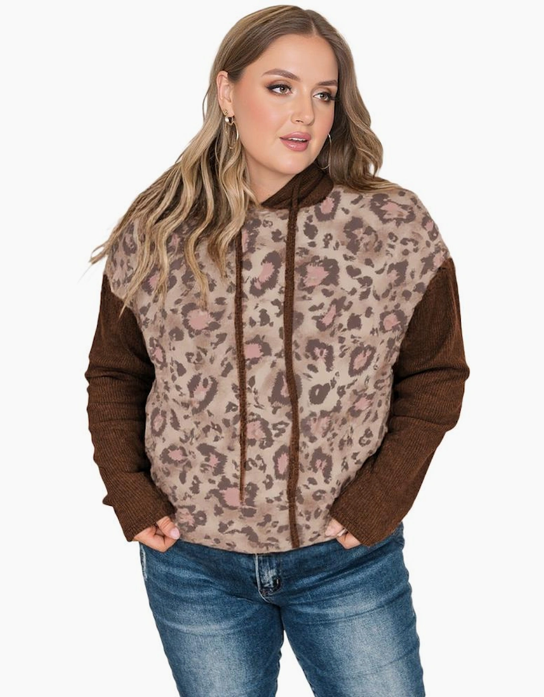 Brown Leopard Print Knit Patchwork Plus Hoodie