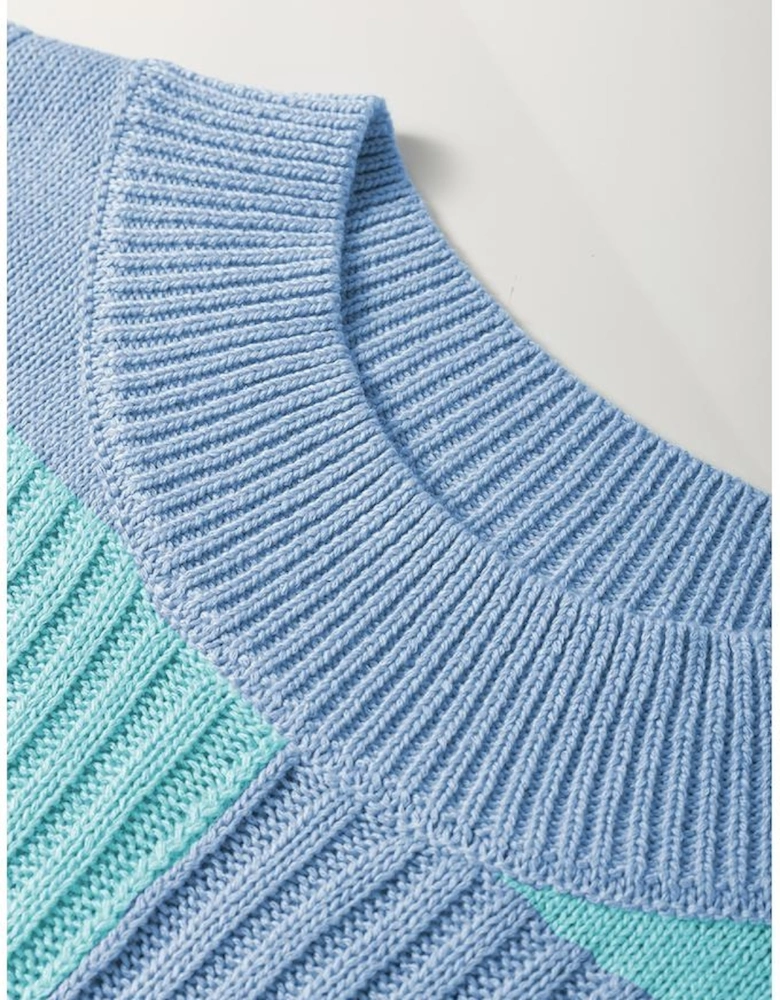 Light Blue Checkered Color Block Crew Neck Short Sleeve Sweater