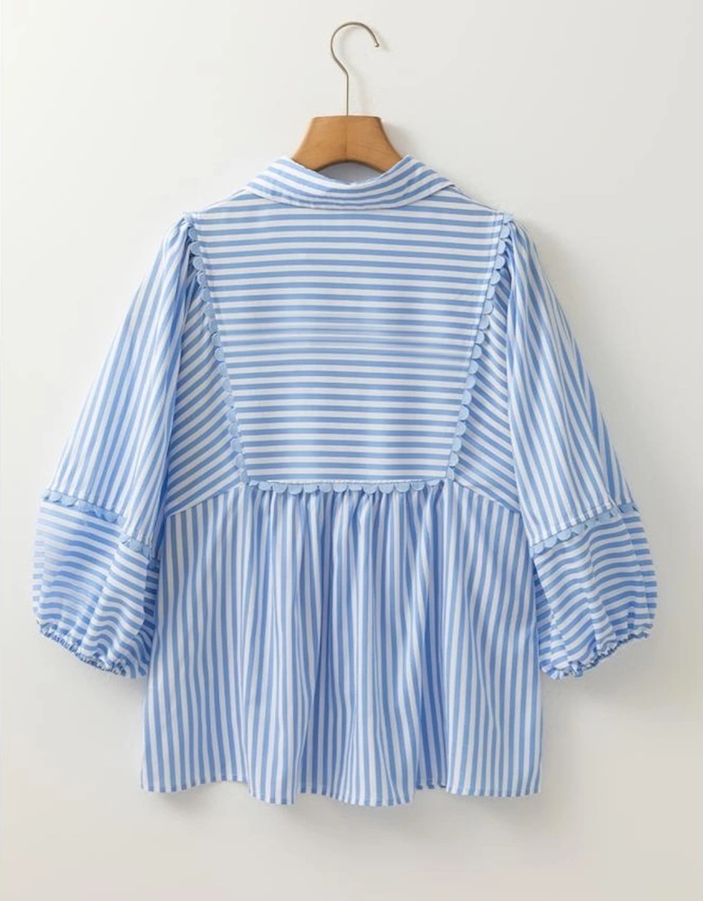 Sky Blue Stripe Shirt Collar V Neck Ricrac Trim 3/4 Puff Sleeve Blouse