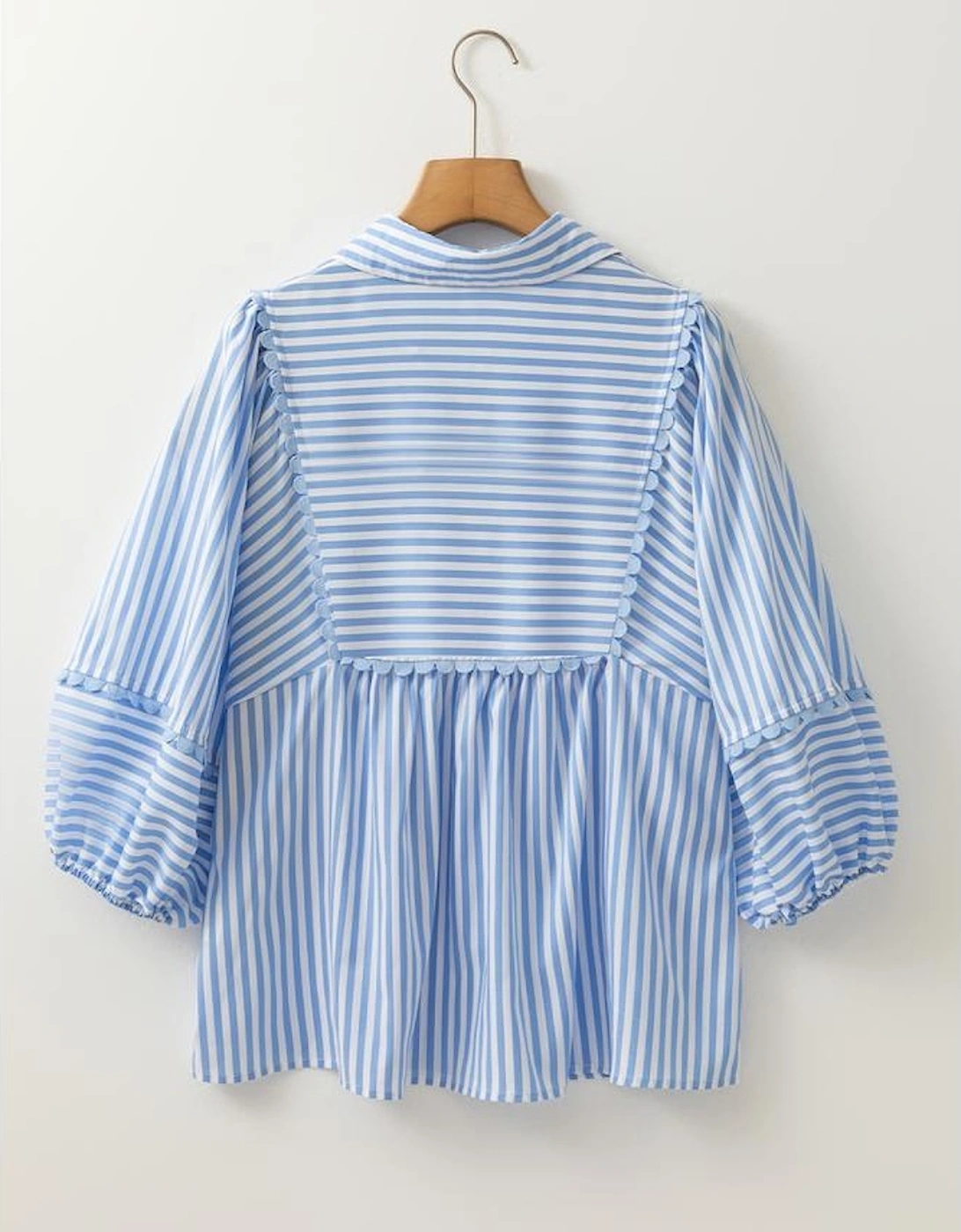 Sky Blue Stripe Shirt Collar V Neck Ricrac Trim 3/4 Puff Sleeve Blouse