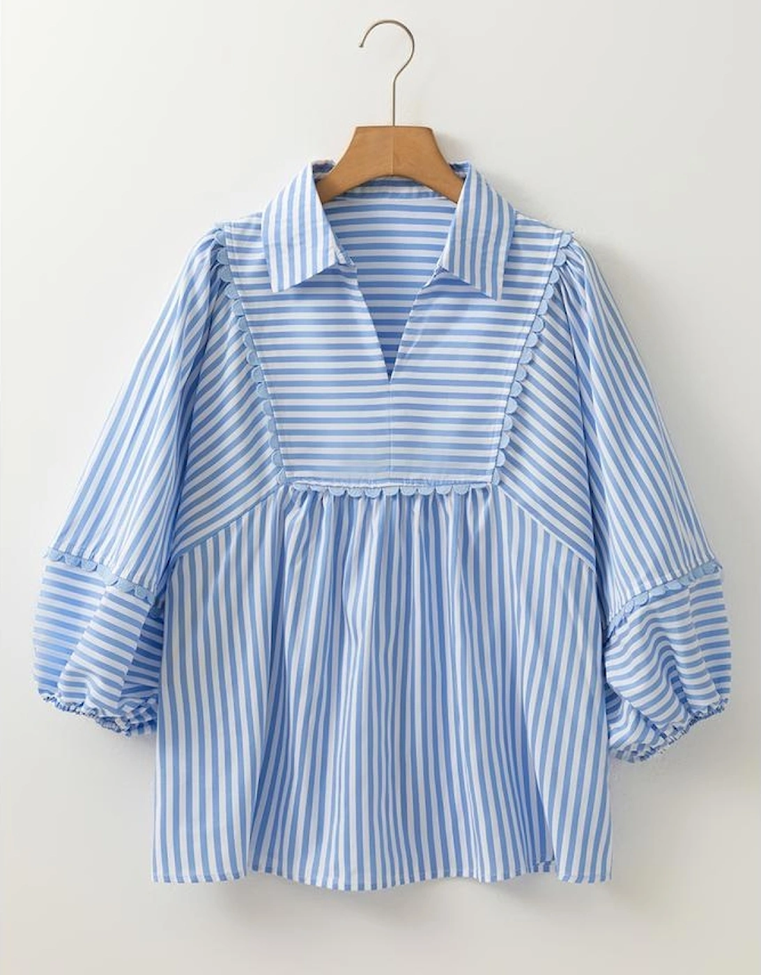 Sky Blue Stripe Shirt Collar V Neck Ricrac Trim 3/4 Puff Sleeve Blouse