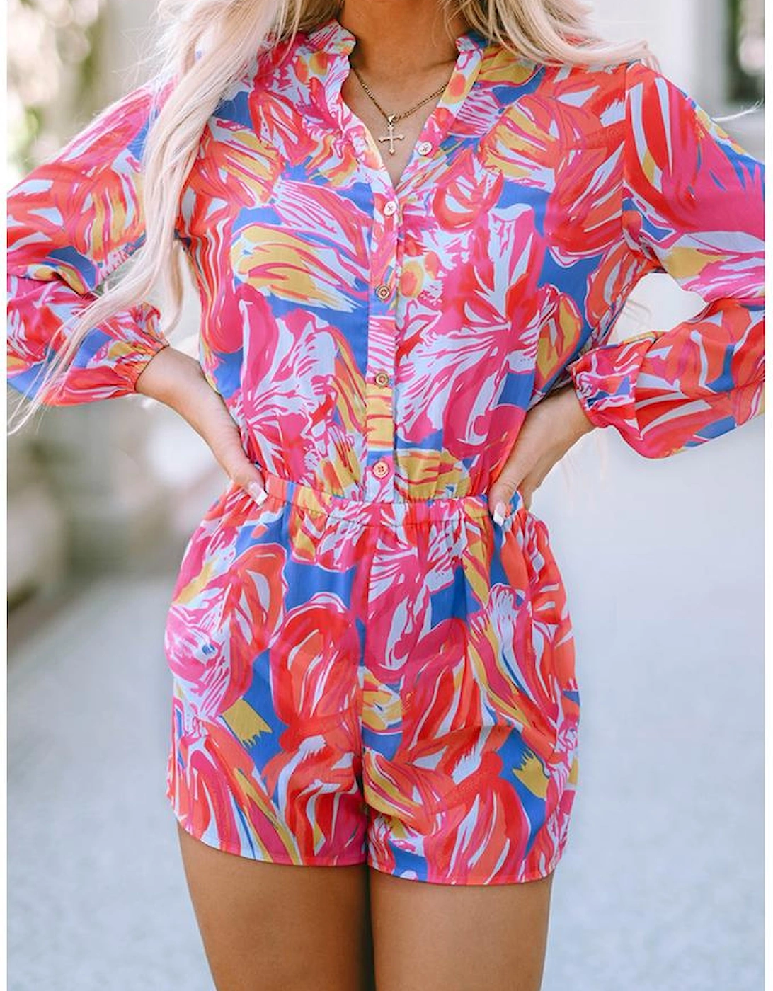 Multicolor Bold Graffiti Print Shirt Button Romper