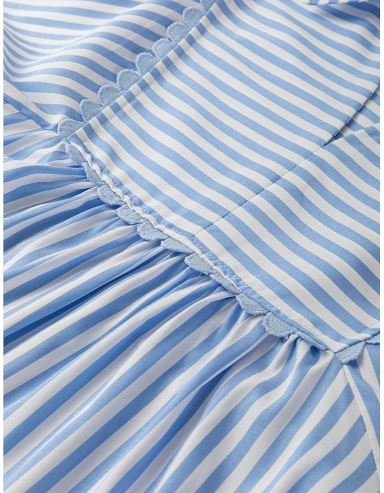 Sky Blue Stripe Shirt Collar V Neck Ricrac Trim 3/4 Puff Sleeve Blouse