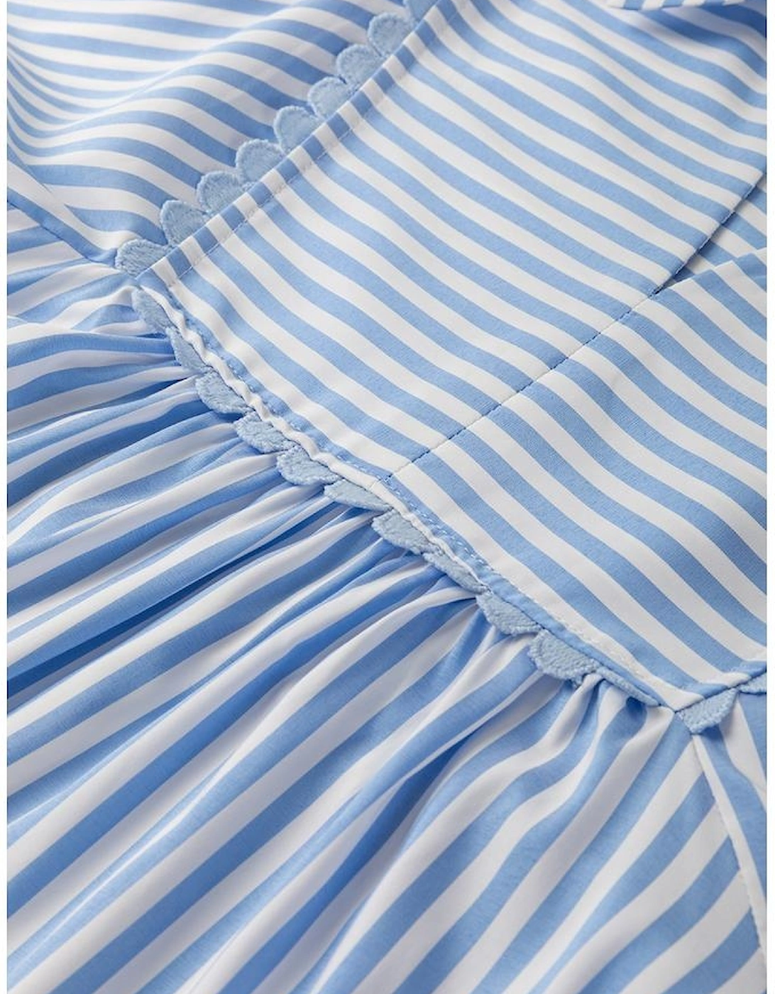 Sky Blue Stripe Shirt Collar V Neck Ricrac Trim 3/4 Puff Sleeve Blouse