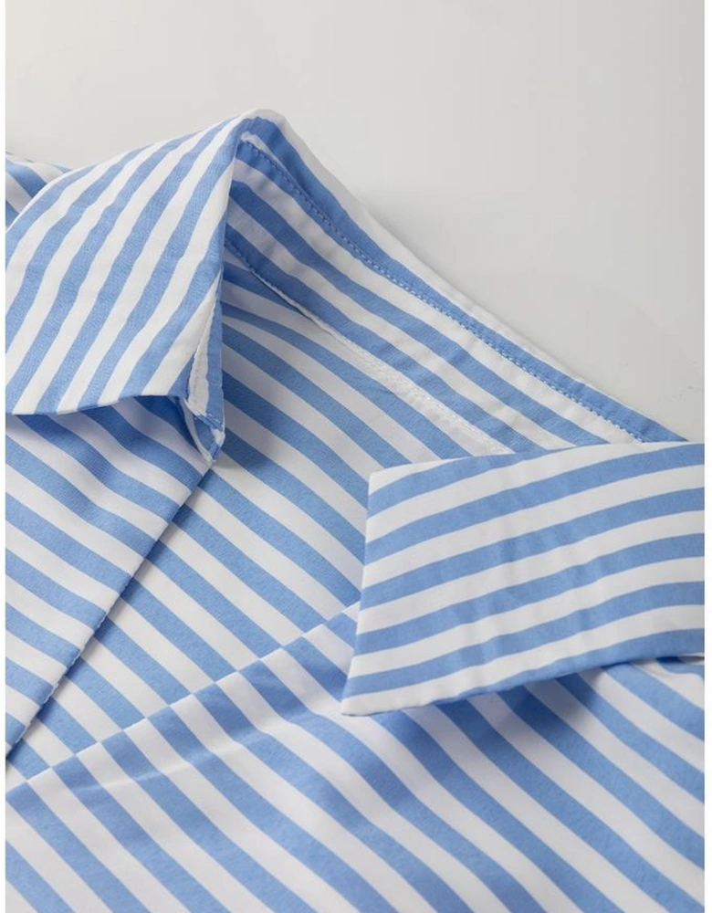 Sky Blue Stripe Shirt Collar V Neck Ricrac Trim 3/4 Puff Sleeve Blouse