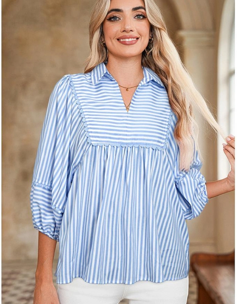 Sky Blue Stripe Shirt Collar V Neck Ricrac Trim 3/4 Puff Sleeve Blouse