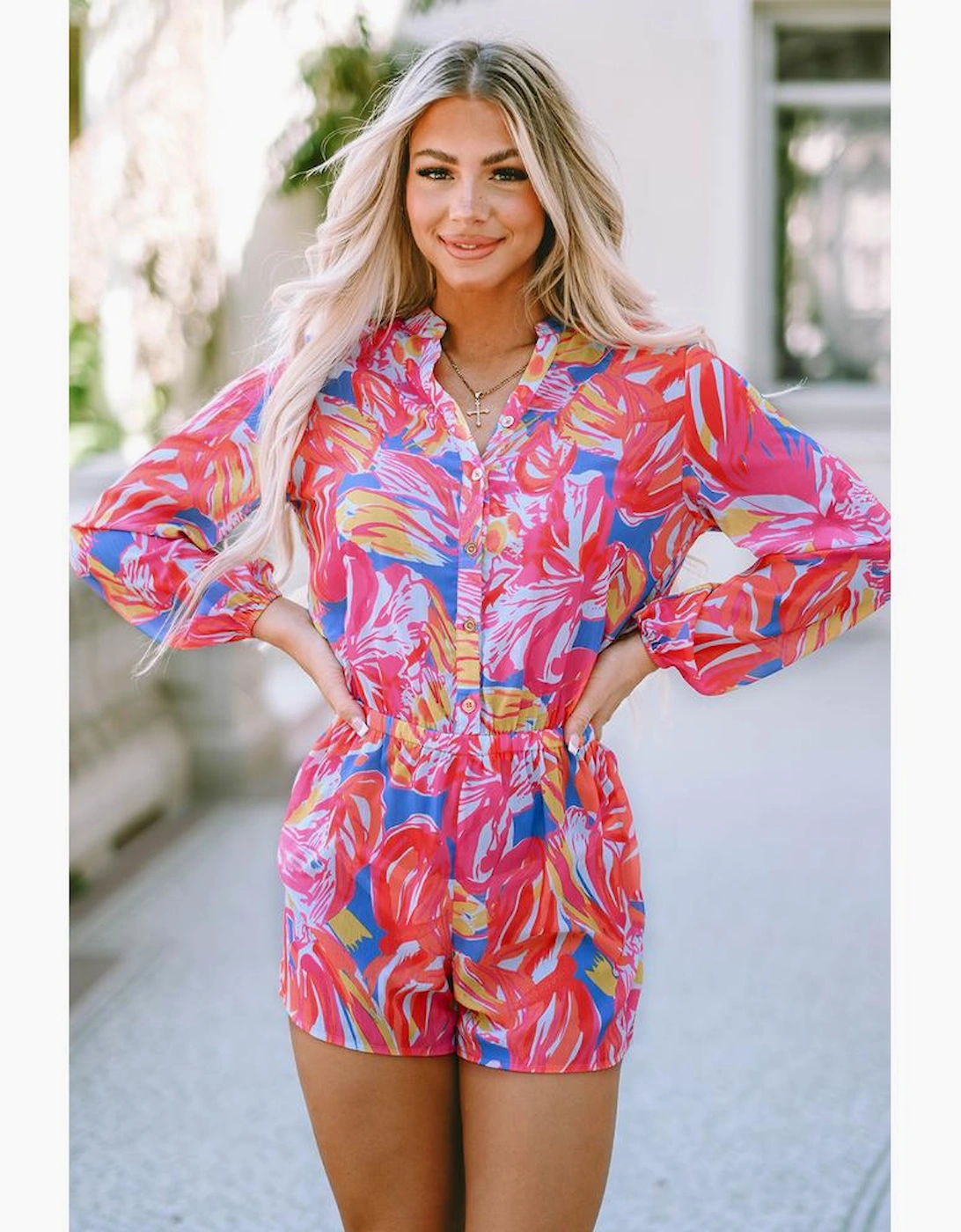Multicolor Bold Graffiti Print Shirt Button Romper, 9 of 8