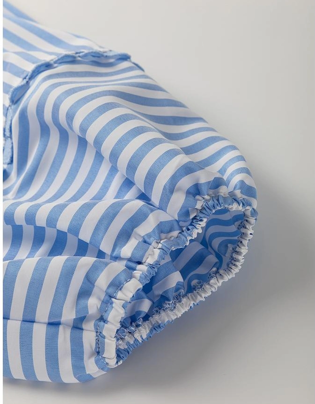 Sky Blue Stripe Shirt Collar V Neck Ricrac Trim 3/4 Puff Sleeve Blouse