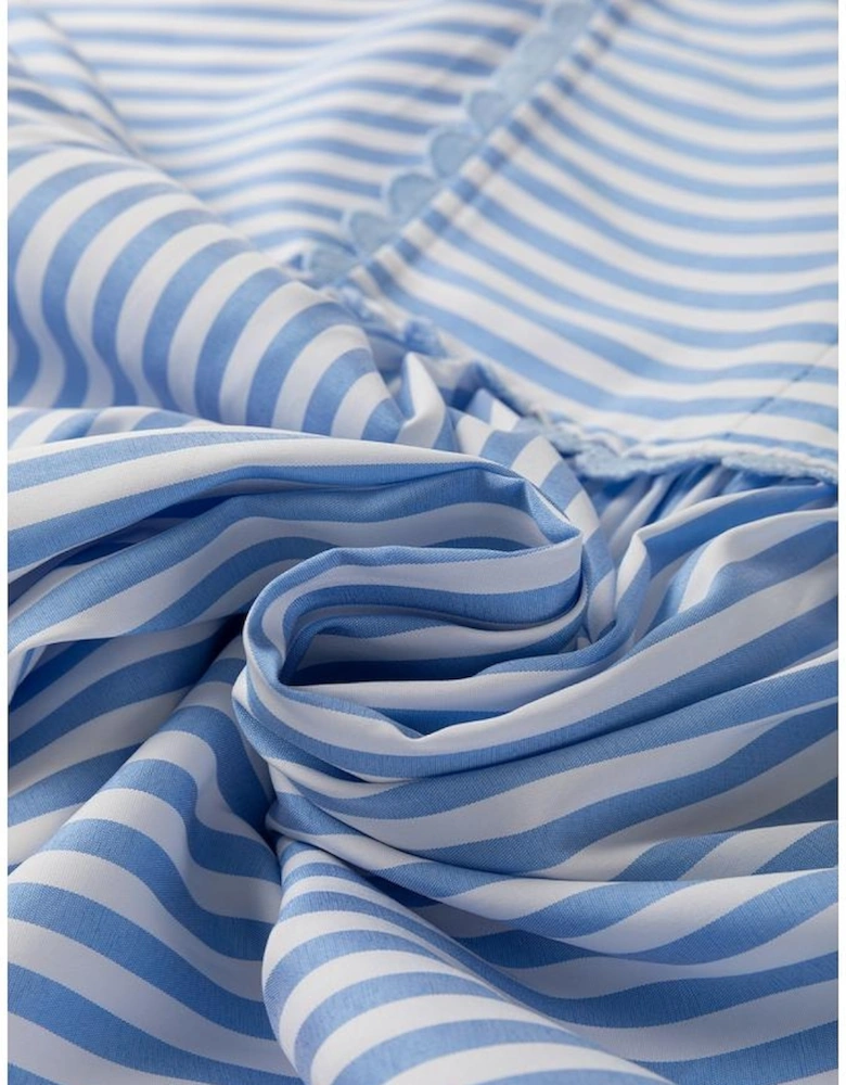 Sky Blue Stripe Shirt Collar V Neck Ricrac Trim 3/4 Puff Sleeve Blouse