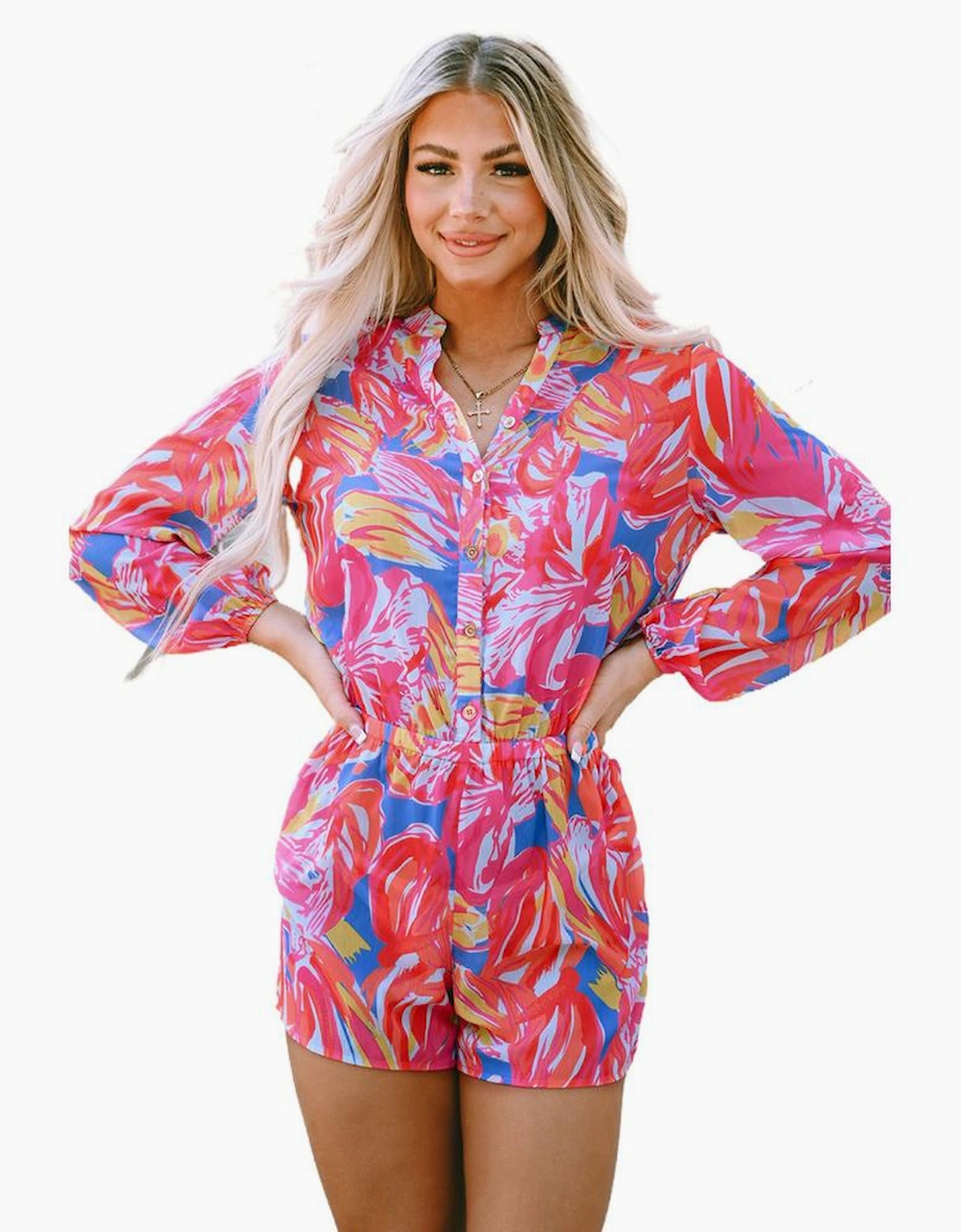 Multicolor Bold Graffiti Print Shirt Button Romper