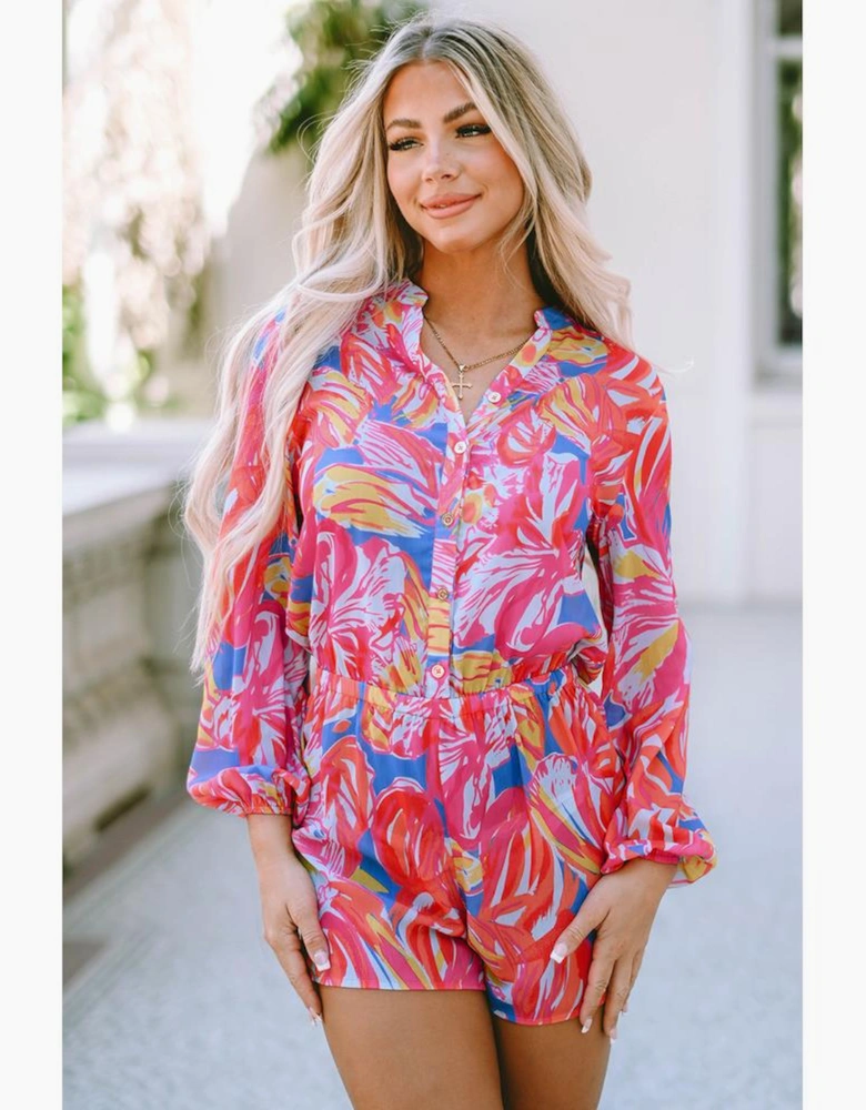 Multicolor Bold Graffiti Print Shirt Button Romper