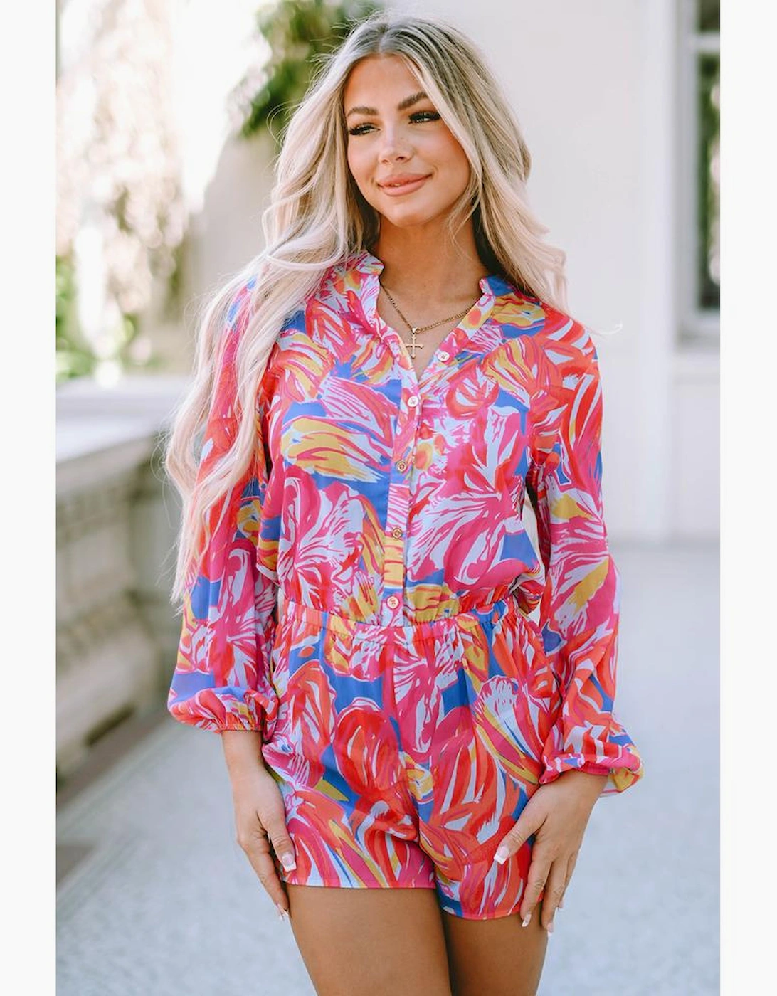 Multicolor Bold Graffiti Print Shirt Button Romper
