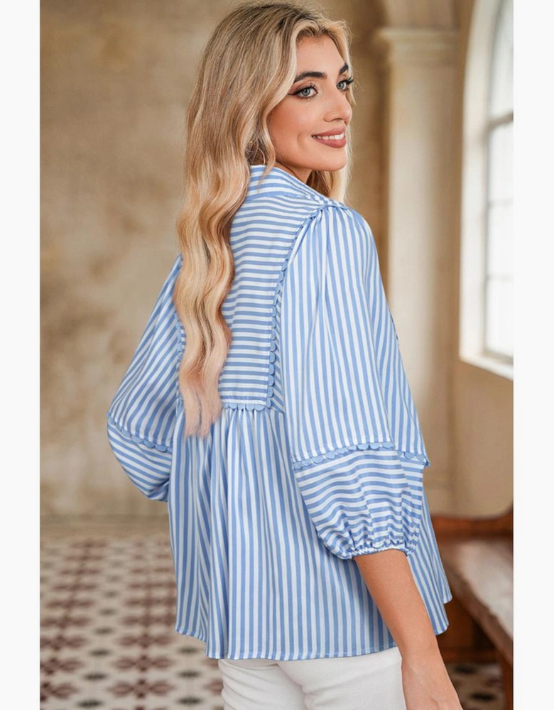 Sky Blue Stripe Shirt Collar V Neck Ricrac Trim 3/4 Puff Sleeve Blouse