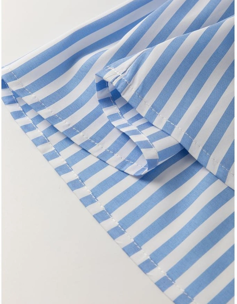 Sky Blue Stripe Shirt Collar V Neck Ricrac Trim 3/4 Puff Sleeve Blouse