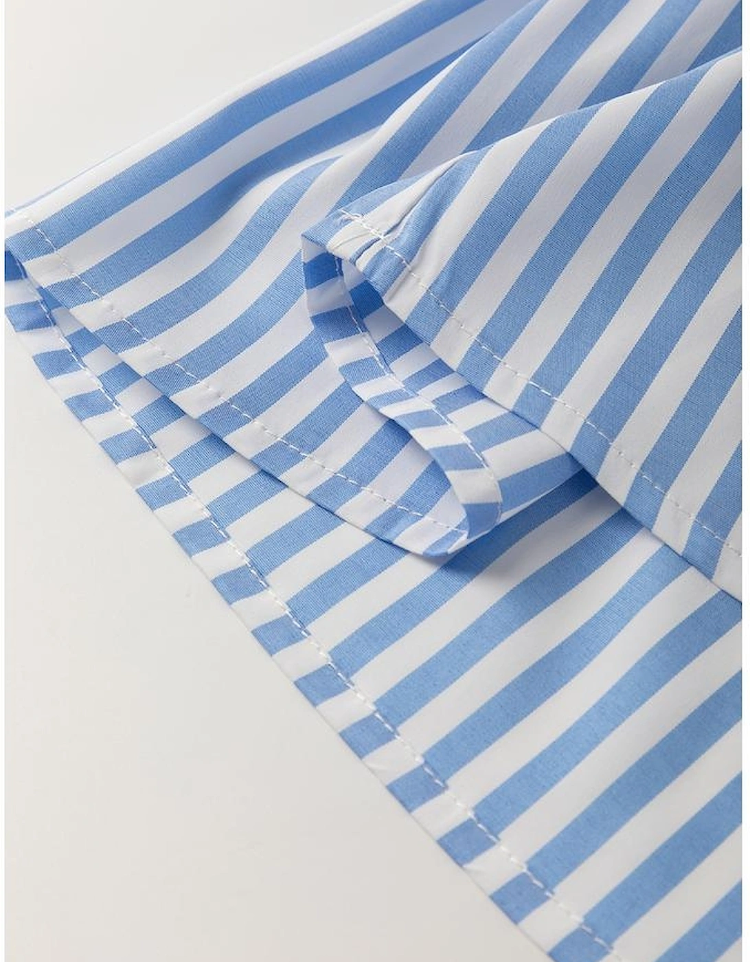 Sky Blue Stripe Shirt Collar V Neck Ricrac Trim 3/4 Puff Sleeve Blouse