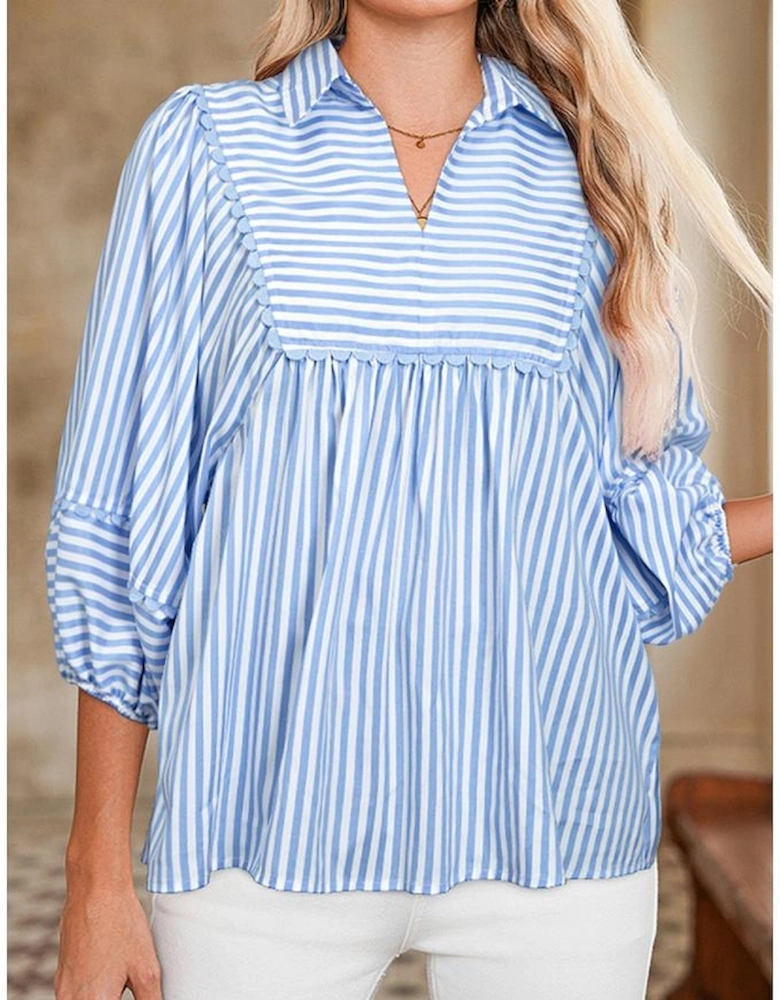 Sky Blue Stripe Shirt Collar V Neck Ricrac Trim 3/4 Puff Sleeve Blouse