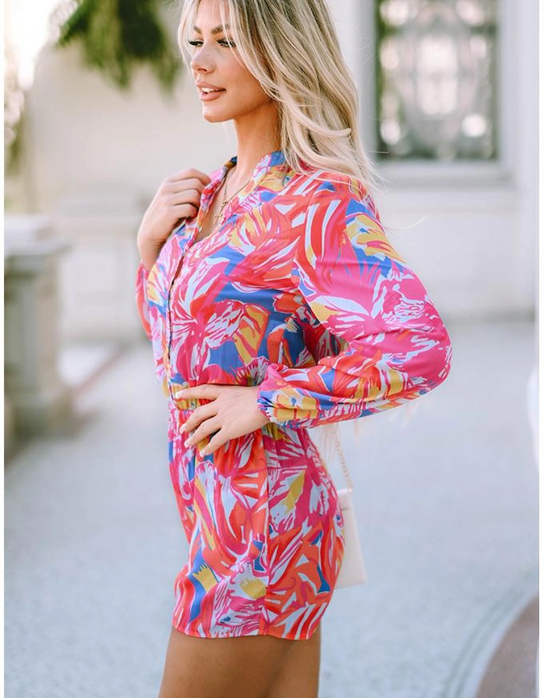 Multicolor Bold Graffiti Print Shirt Button Romper