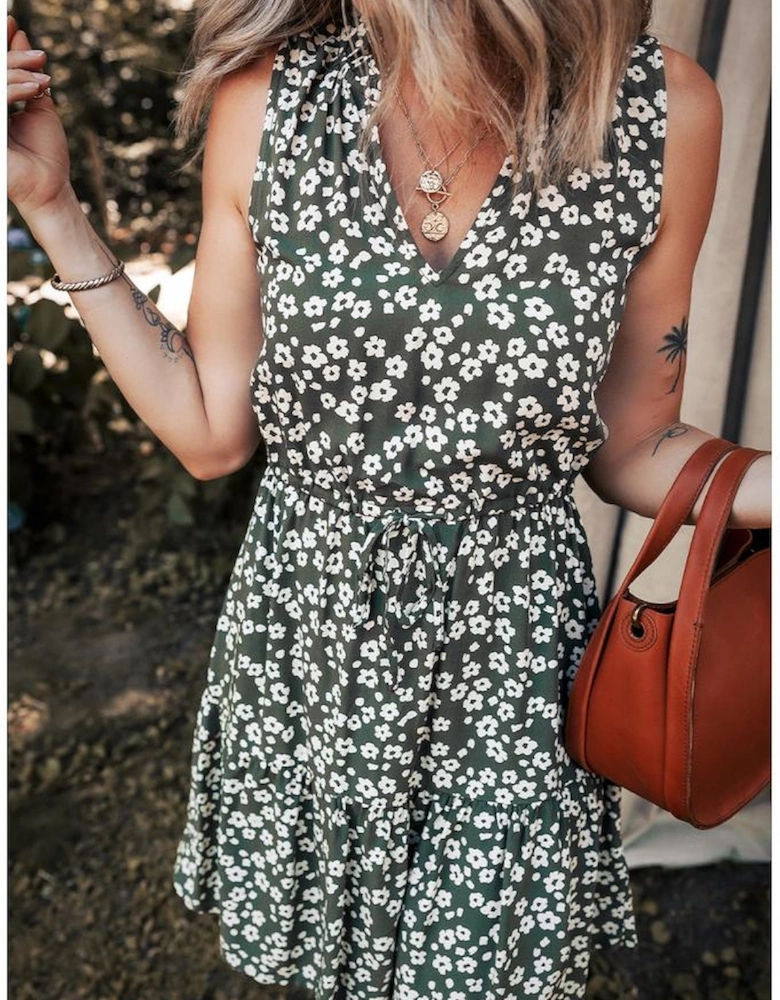 Green Boho Floral Print V Neck Tunic Sleeveless Dress