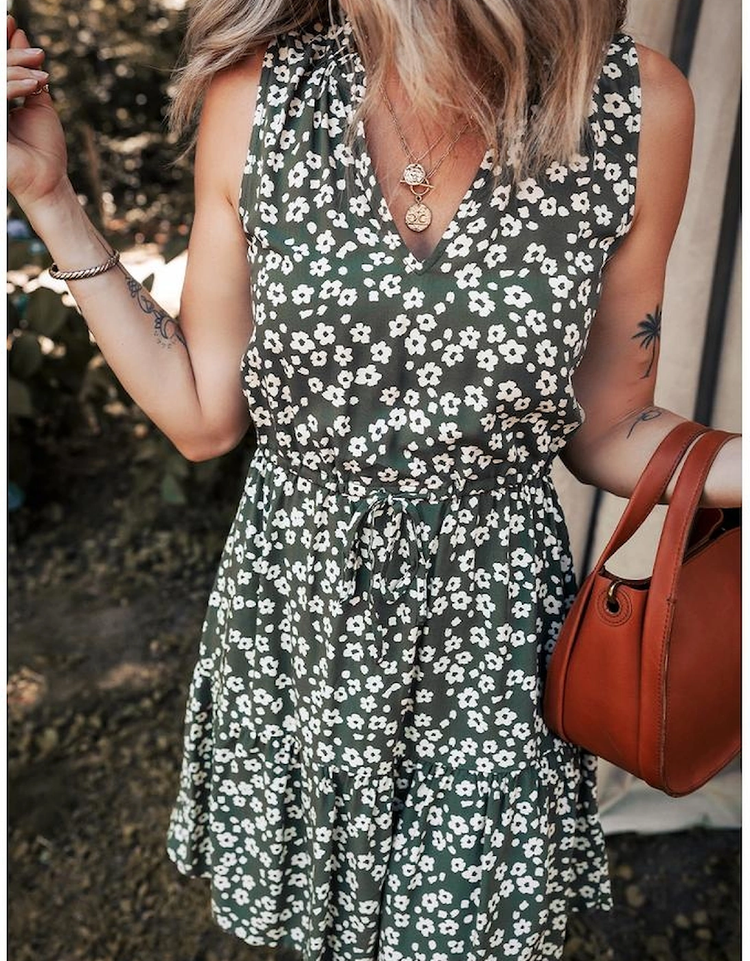 Green Boho Floral Print V Neck Tunic Sleeveless Dress