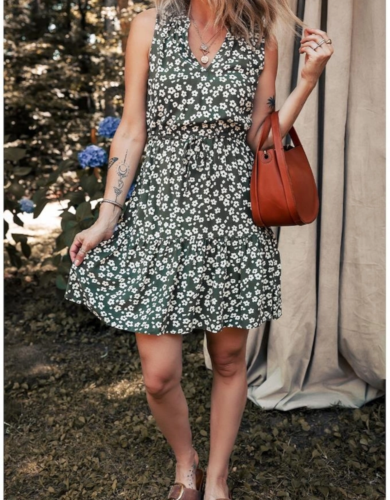 Green Boho Floral Print V Neck Tunic Sleeveless Dress