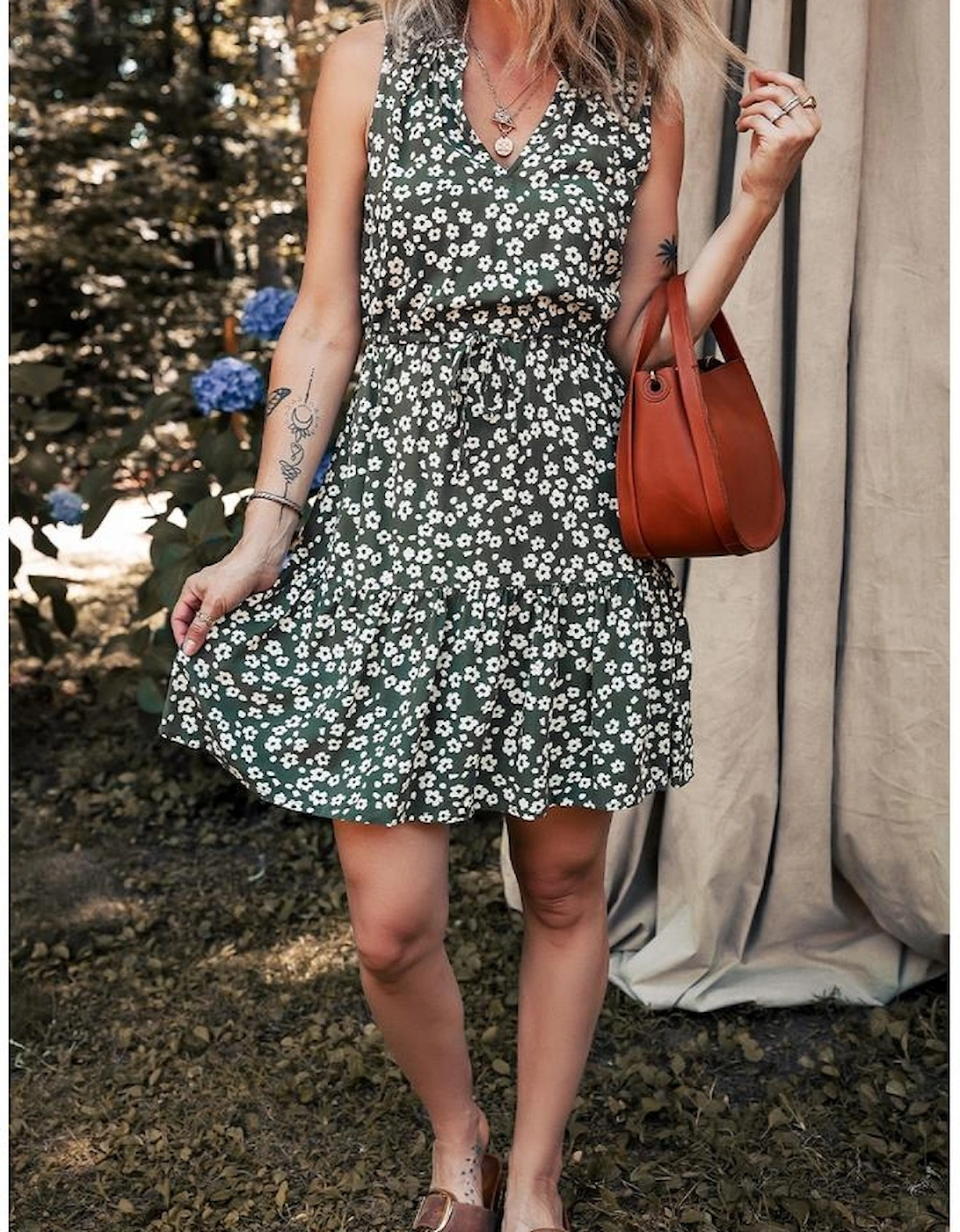 Green Boho Floral Print V Neck Tunic Sleeveless Dress