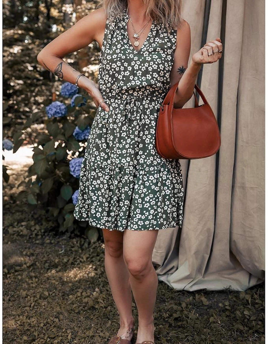Green Boho Floral Print V Neck Tunic Sleeveless Dress