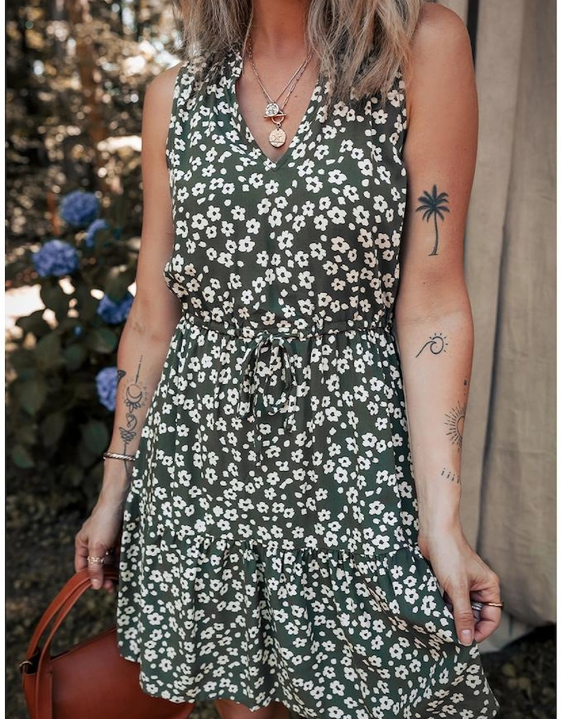 Green Boho Floral Print V Neck Tunic Sleeveless Dress
