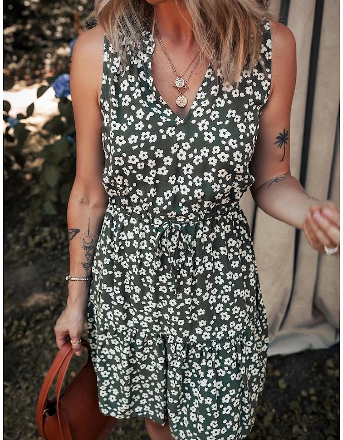 Green Boho Floral Print V Neck Tunic Sleeveless Dress