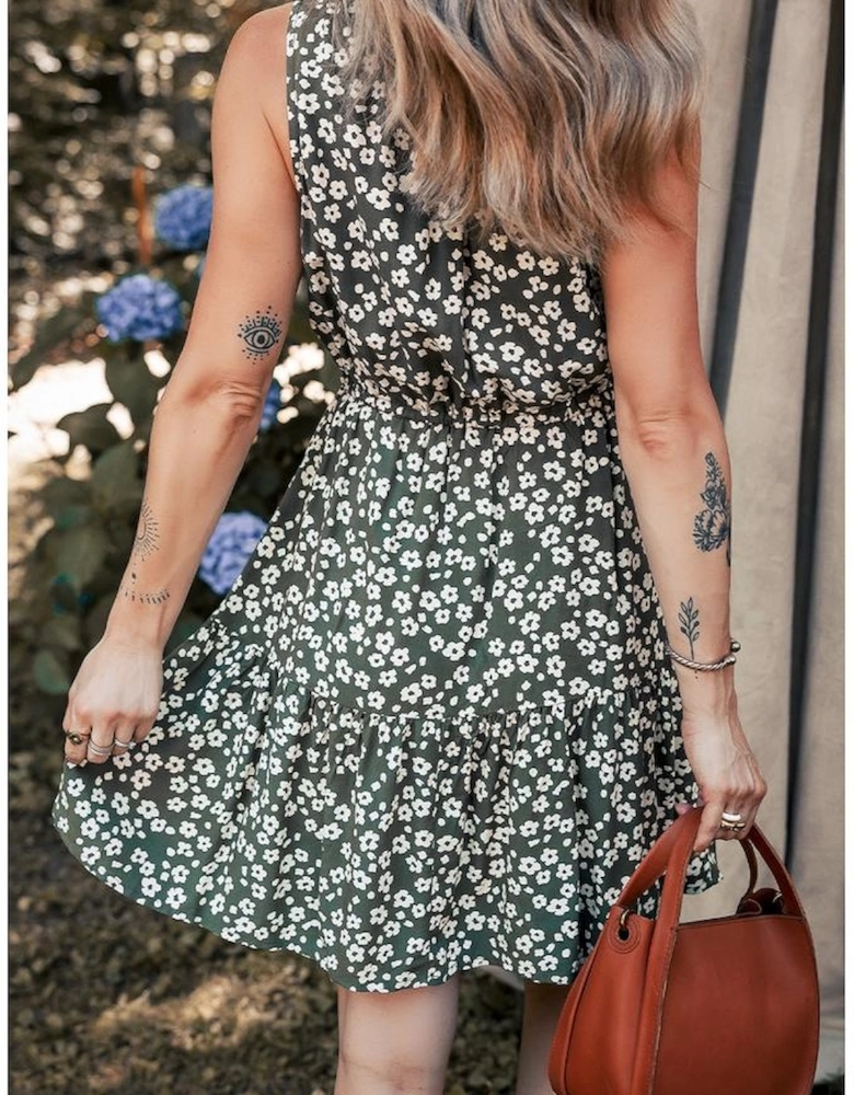 Green Boho Floral Print V Neck Tunic Sleeveless Dress
