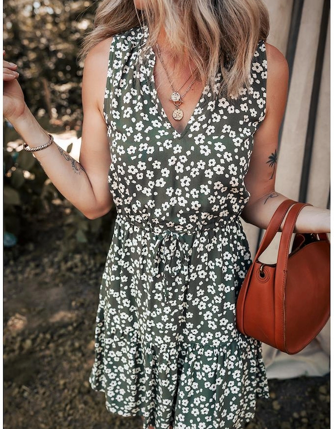 Green Boho Floral Print V Neck Tunic Sleeveless Dress