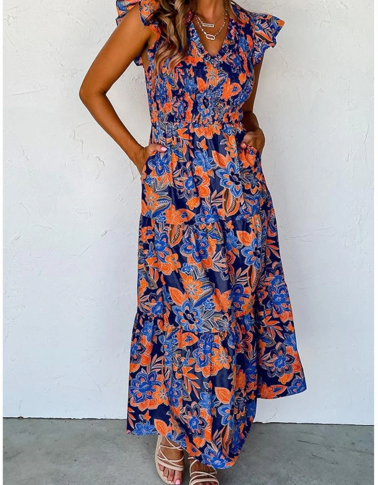 Dark Blue Boho Floral V Neck Ruffle Tiered Long Dress