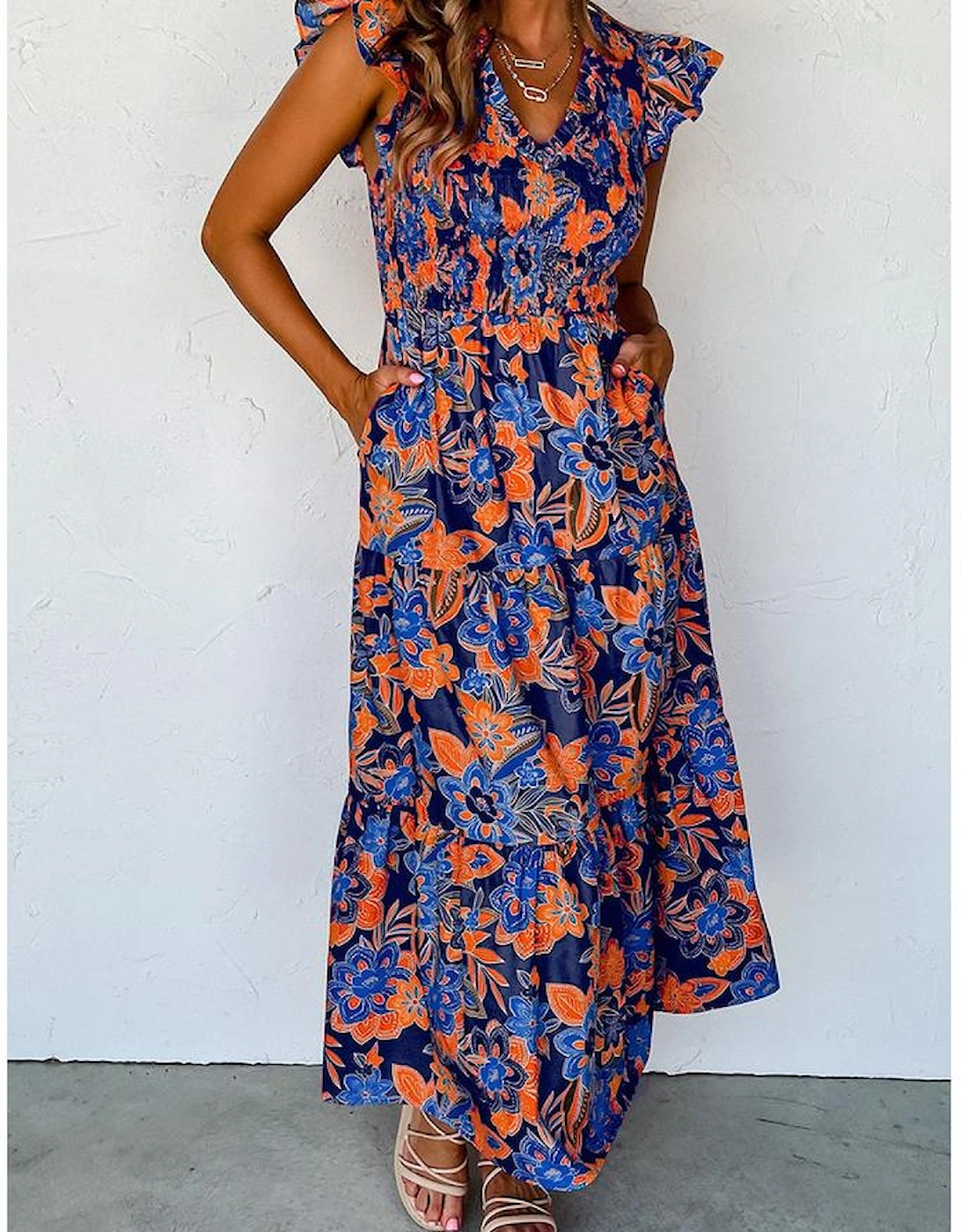 Dark Blue Boho Floral V Neck Ruffle Tiered Long Dress