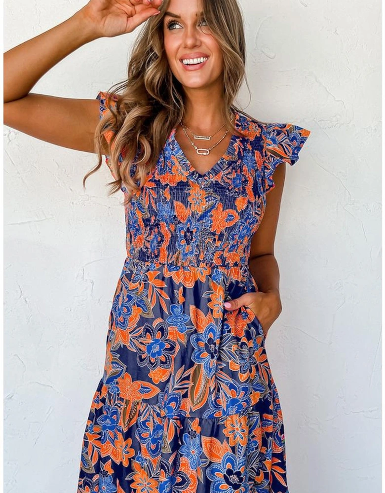 Dark Blue Boho Floral V Neck Ruffle Tiered Long Dress