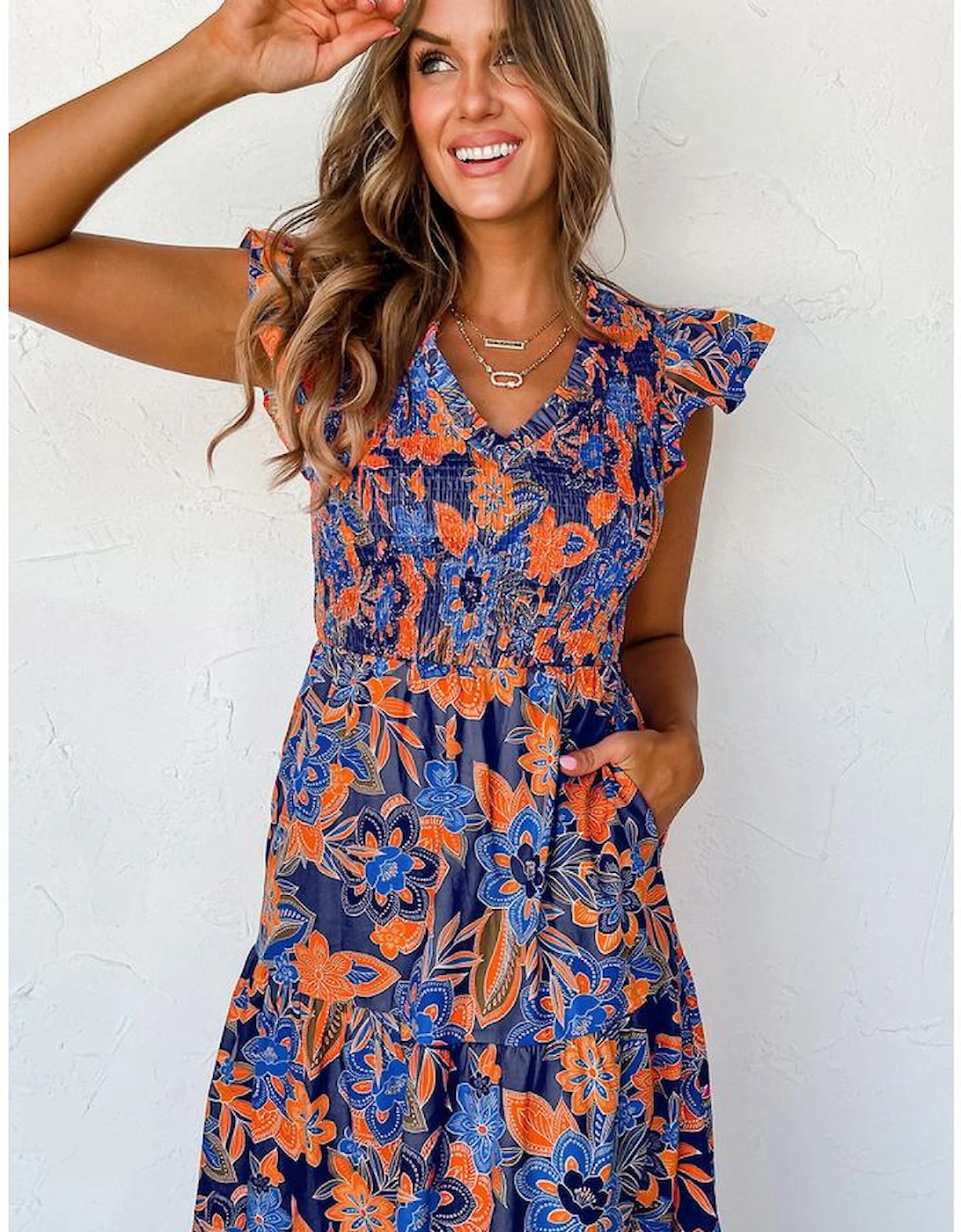Dark Blue Boho Floral V Neck Ruffle Tiered Long Dress