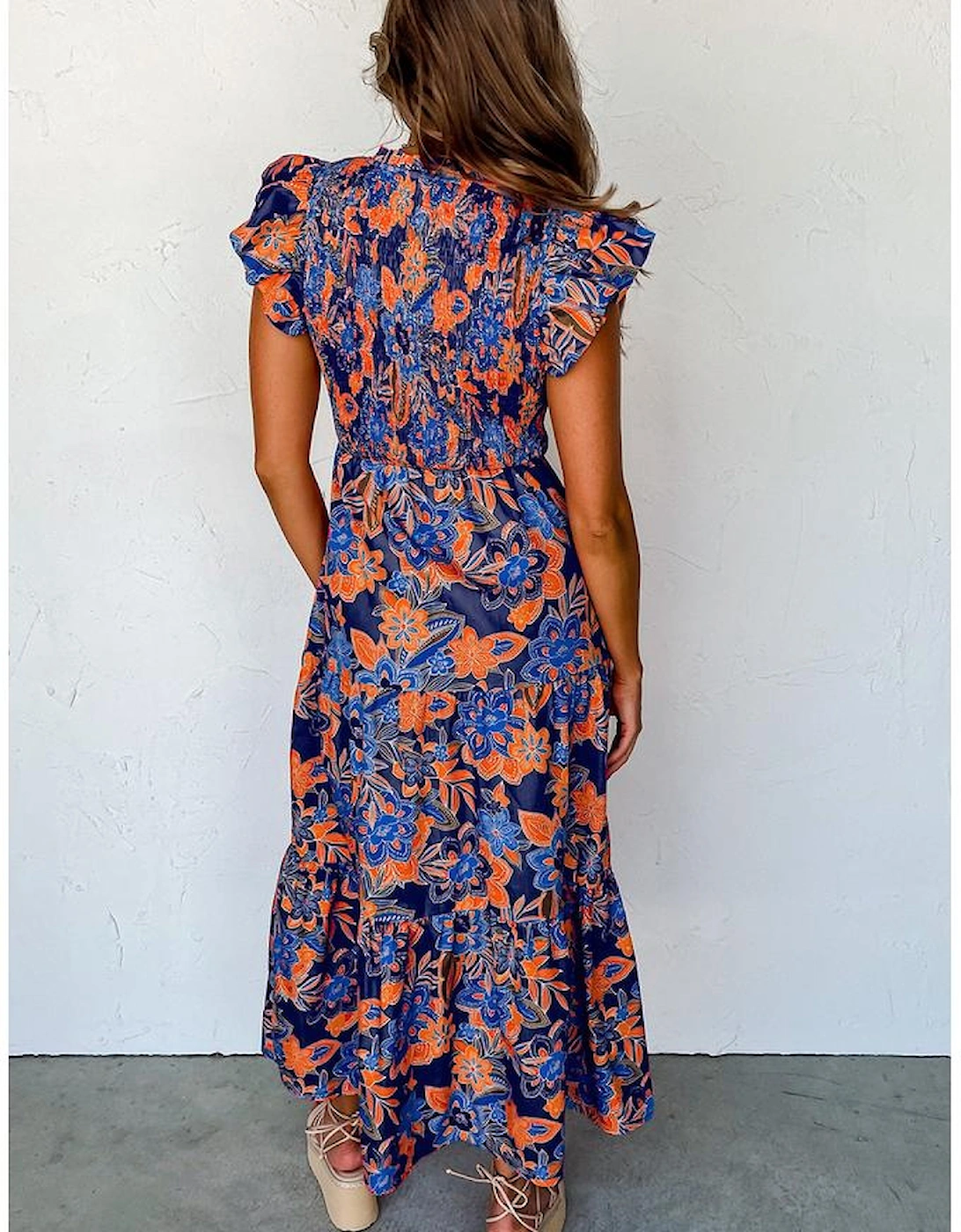 Dark Blue Boho Floral V Neck Ruffle Tiered Long Dress, 10 of 9