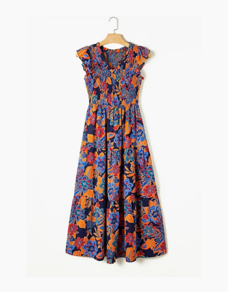 Dark Blue Boho Floral V Neck Ruffle Tiered Long Dress
