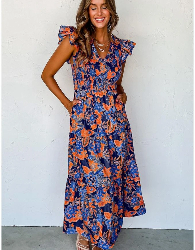 Dark Blue Boho Floral V Neck Ruffle Tiered Long Dress