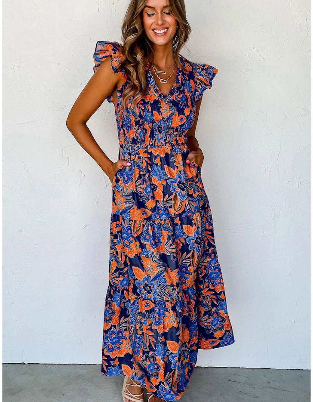 Dark Blue Boho Floral V Neck Ruffle Tiered Long Dress