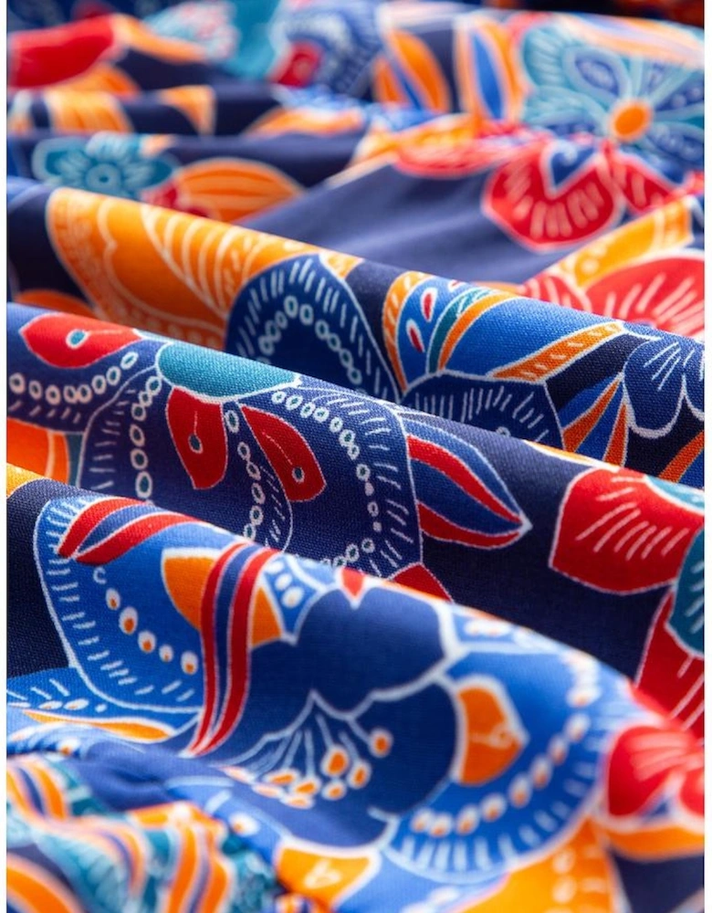 Dark Blue Boho Floral V Neck Ruffle Tiered Long Dress