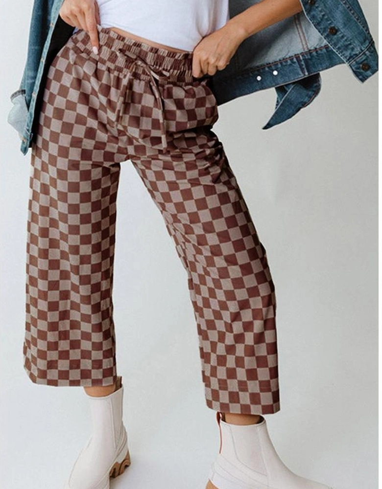 Khaki Checkered Elastic High Waist Loose Casual Pants