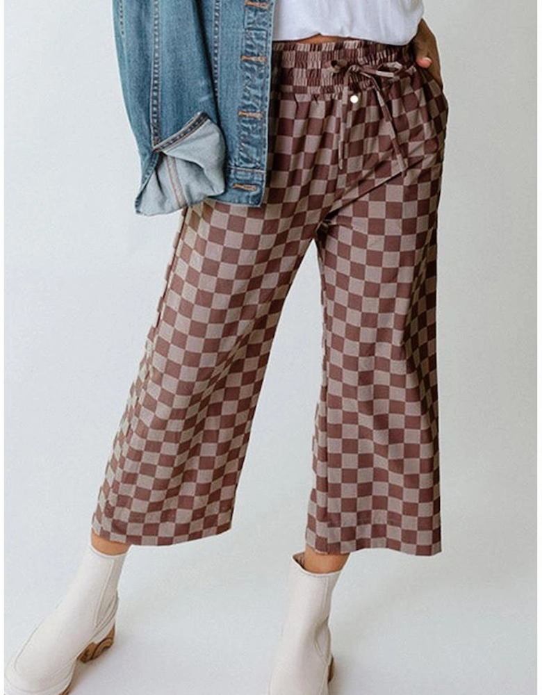 Khaki Checkered Elastic High Waist Loose Casual Pants