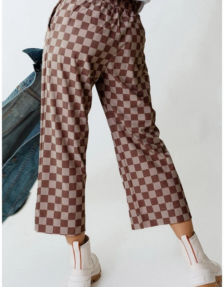 Khaki Checkered Elastic High Waist Loose Casual Pants