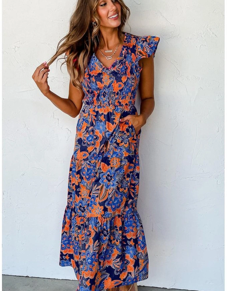 Dark Blue Boho Floral V Neck Ruffle Tiered Long Dress