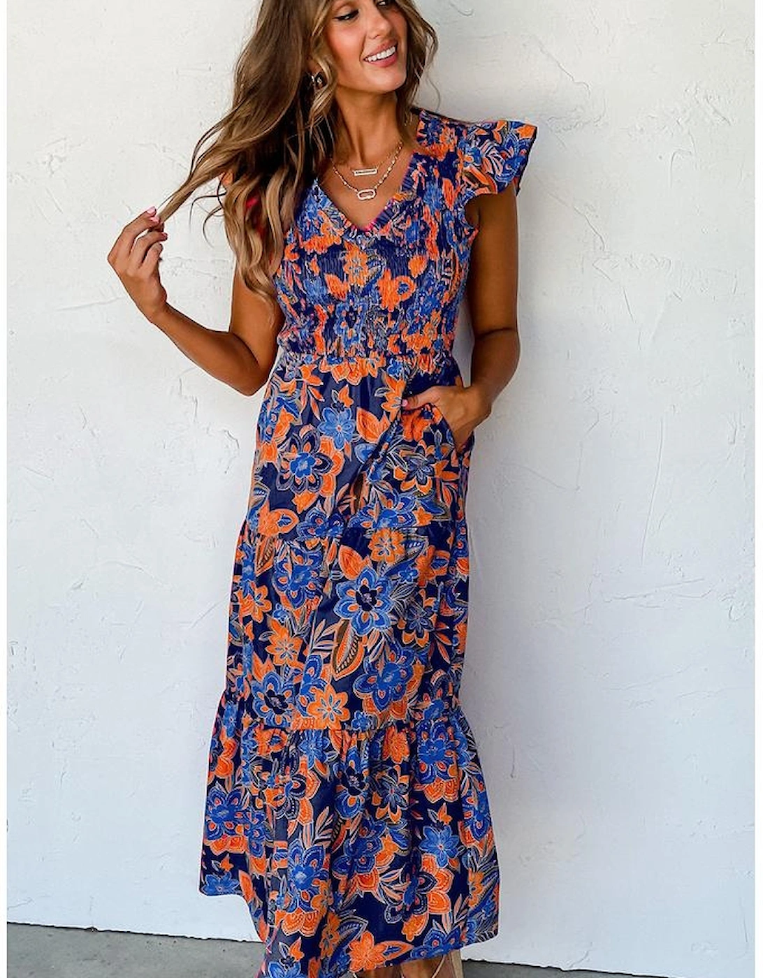 Dark Blue Boho Floral V Neck Ruffle Tiered Long Dress