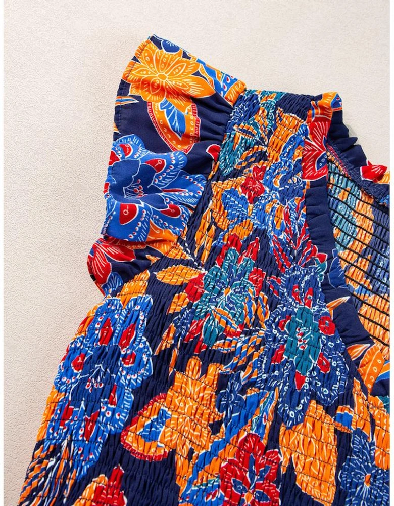 Dark Blue Boho Floral V Neck Ruffle Tiered Long Dress