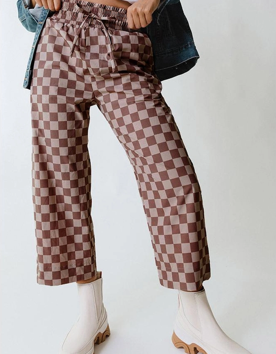 Khaki Checkered Elastic High Waist Loose Casual Pants