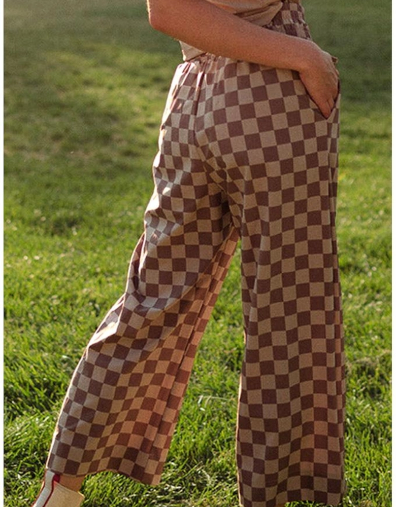 Khaki Checkered Elastic High Waist Loose Casual Pants